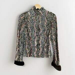 Chetta B Vintage Sequin Top Multicolor Rainbow Fur Trim Cuffs Size M